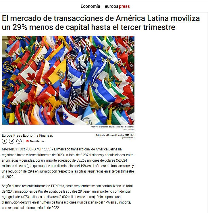 El mercado de transacciones de Amrica Latina moviliza un 29% menos de capital hasta el tercer trimestre
